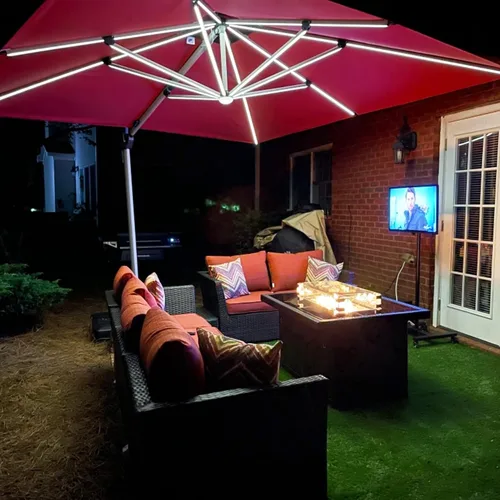 Vista 58 de PURPLE LEAF Sombrilla de patio de 9 x 12 pies con luces, sombrilla rectangular voladiza para exteriores, funciona con energía solar, LED