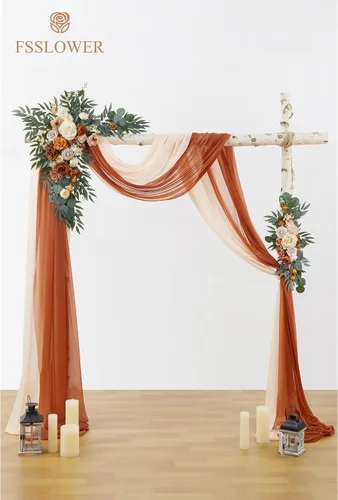 Vista 3 de Kit de flores para arco de boda con cortinas (paquete de 4) – 2 guirnaldas artificiales de terracota de lujo con 2 cortinas transparentes