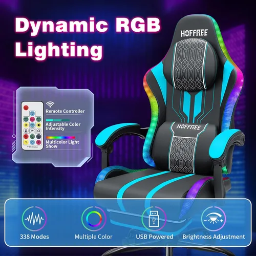 Vista 5 de HOFFREE Silla LED para juegos con altavoces, silla de computadora grande y alta con luces RGB, silla de juego Bluetooth con reposapiés, sillas