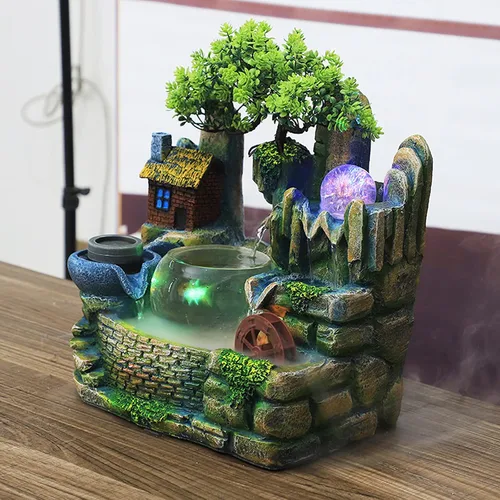 Vista 5 de Cascada Zen de escritorio de 14" con efecto atomizador LED y luces, mini fuente de roca para pecera