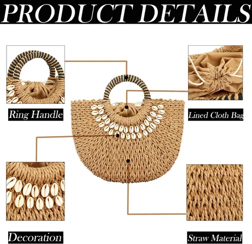 Vista 3 de Buric Bolso de hombro de paja para mujer hecho a mano tejido de ratán bolso de hombro para mujer bolso de hombro con asa superior bolso bohemio
