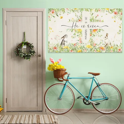Vista 7 de Moukeren Decoraciones de telón de fondo de Pascua con texto en inglés «He is resucitado», pancarta de fotografía con cruz de Jesús, fondo de flores