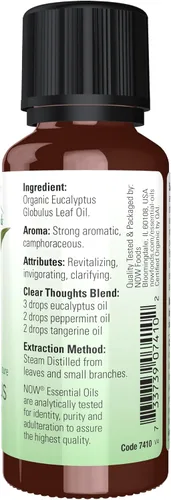 Vista 2 de NOW Aceites esenciales, aceite orgánico de eucalipto globulus, aroma clarificador de aromaterapia, destilado al vapor, 100% puro, vegano, tapa