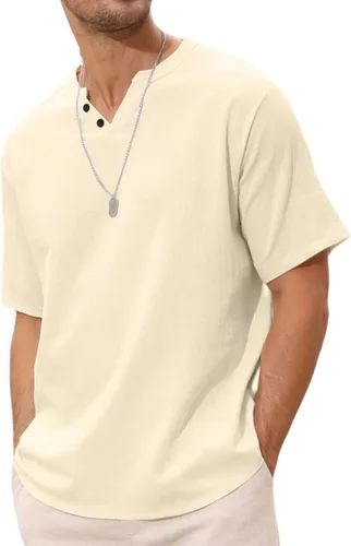 Vista 7 de Angbater Camiseta casual de lino Henley de manga corta para hombre, camiseta hippie de playa, camiseta ligera tropical para verano