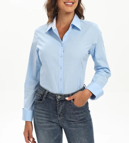 Vista 5 de Esabel.C Camisas de manga larga con botones para mujer, ajuste regular, blusa de trabajo elástica