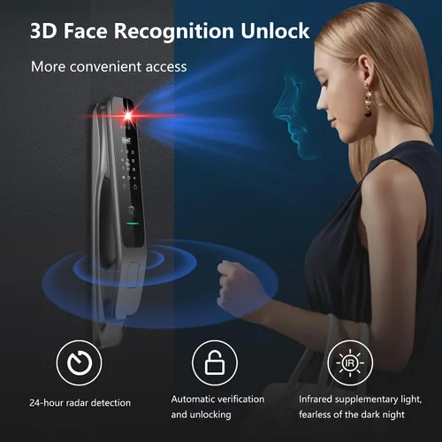 Vista 3 de Cerradura inteligente de reconocimiento facial 3D con cámara, cerradura de puerta de vena de palma, cerradura inteligente de mortaja de huellas