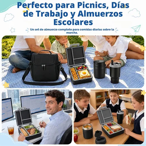 Vista 8 de Lonchera Bento para niños con termo de sopa de 17 onzas, botella de agua aislada y bolsa de almuerzo aislada, a prueba de fugas, contenedor