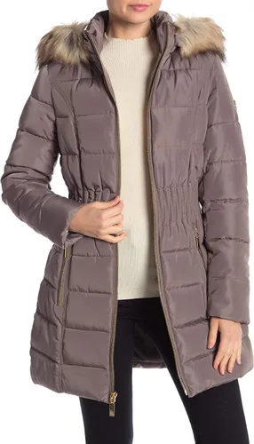 Vista 20 de Laundry by Shelli Segal womens Quilted Puffer Coat with Faux Fur-Trimmed Hood & Fit-and-Flare Waist Hueso