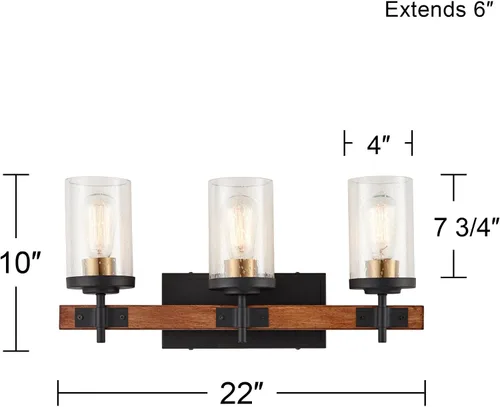 Vista 4 de Possini Euro Design Kata Farmhouse - Lámpara de pared rústica de madera sintética negra con cable de 22 pulgadas, 3 lámparas, cristal cilíndrico