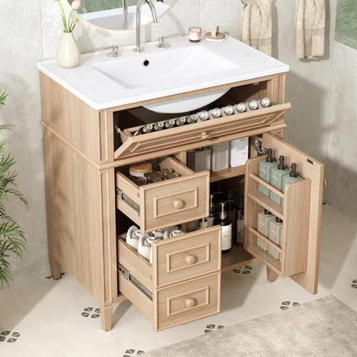 Vista 21 de Harper & Bright Designs Tocador de baño de 24 pulgadas con lavabo, juego de tocador independiente con 4 cajones, estantes de almacenamiento y Negro