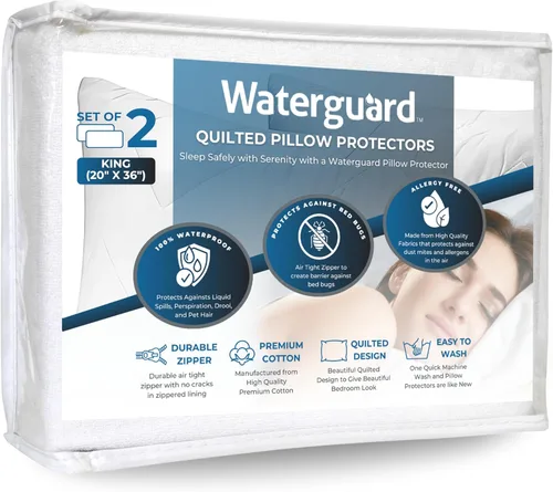 Vista 9 de Waterguard Protector de almohada acolchado, resistente al agua y a prueba de chinches de tamaño estándar con cremallera, fundas de almohada