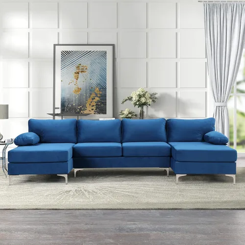 Vista 13 de Sofá modular moderno en forma de L, con diván extra ancho y patas doradas Gris