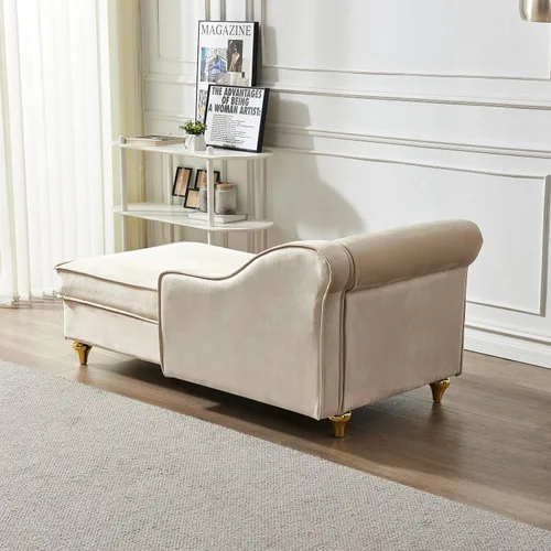 Vista 6 de Chaise Lounge para interiores, sofá de salón tapizado de terciopelo con espacio de almacenamiento oculto, sofá cama con marco de madera maciza