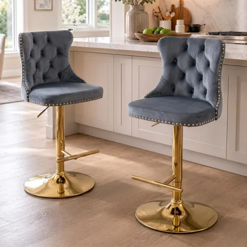 Vista 185 de SoarFlash Juego de 2 taburetes de bar tapizados de terciopelo moderno con patas de madera, botones acolchados, cabeza de clavo cromada, asiento