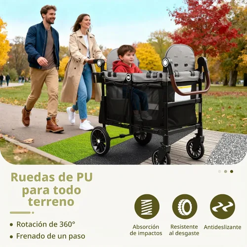 Vista 4 de Kinder King Cochecito Wagon para 2 niños, rueda absorbente de golpes, negro Negro&gris