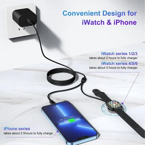 Vista 2 de Cargador de Apple Watch, cable de carga magnético USB C 2 en 1 y cable USB-C a L de 6 pies con bloque tipo C, carga rápida i-Watch Series Negro