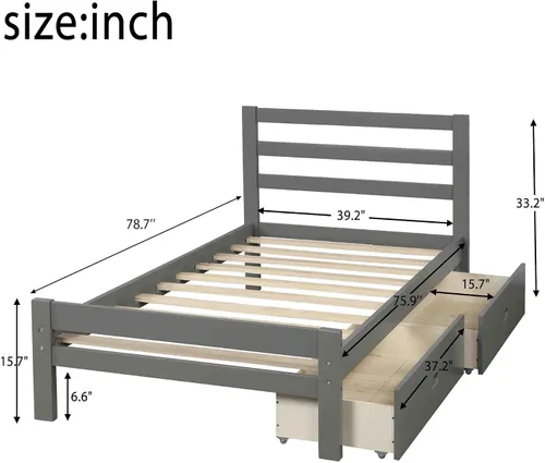 Vista 2 de Base de cama con 2 cajones, base de cama moderna de plataforma de madera con cabecero para niños, adolescentes y adultos, base de colchón Camas, sin