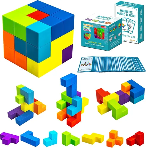 Vista 10 de Bloques de construcción magnéticos, cubos magnéticos 3D, juego de 7 bloques magnéticos de múltiples formas con 54 tarjetas guía, juguetes educativos