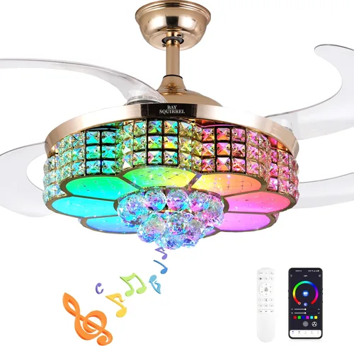 Vista 12 de BAYSQUIRREL Ventilador de techo retráctil de cristal con luz, ventiladores de techo Bluetooth con altavoz y control remoto/APP, 6 velocidades, aspas