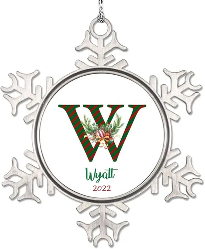 Vista 28 de Monograma inicial letra A copo de nieve, adorno de bayas de pino de Navidad para decoración de árbol de Navidad, adornos de Navidad personalizados