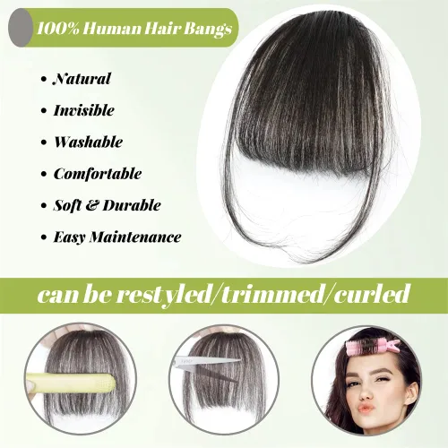 Vista 3 de Flequillo con clip de cabello 100% humano con flequillo de pelo con patillas, extensiones de cabello para mujer, extensiones de cabello con clip