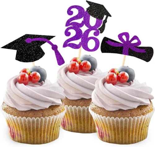 Vista 8 de Decoración para cupcakes de graduación con purpurina azul 2026, selecciones de alimentos/aperitivos, suministros de fiesta de graduación de 2026