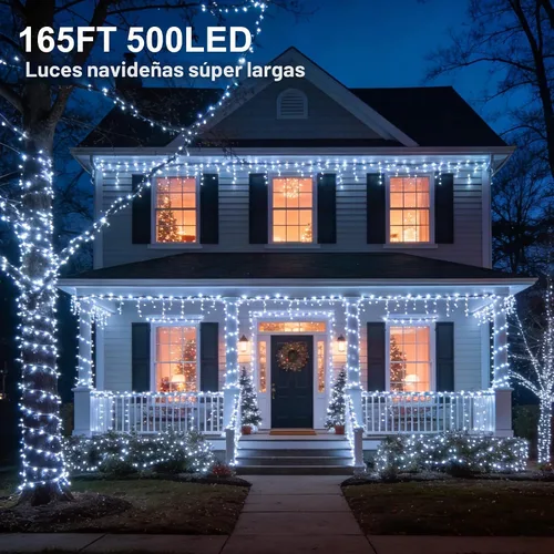 Vista 4 de Cadena de 200 luces LED de 98 pies, impermeables con 8 modos con memoria, fuente de alimentación certificada por UL de 30 V para el hogar, jardín
