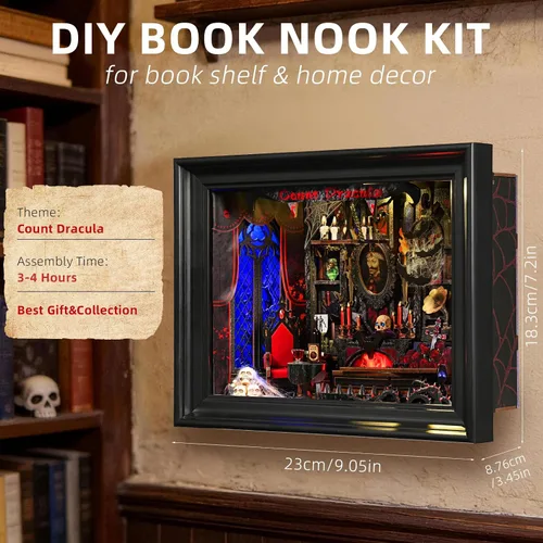 Vista 5 de Kit de rincón de libros, rompecabezas de madera 3D con control de interruptor LED y marco para montar en pared, casa en miniatura