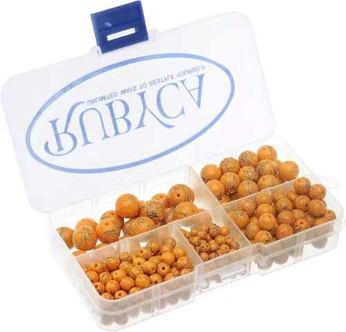 Vista 4 de RUBYCA 300 cuentas de vidrio sueltas de varios tamaños para la fabricación de joyas, naranja opaco, salpicaduras de pintura negra