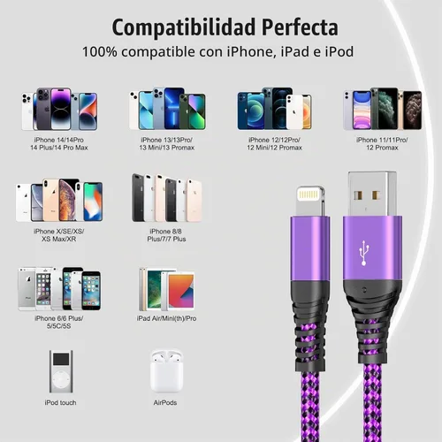 Vista 4 de Quickeep Cargador para iPhone de 3 pies, 2 unidades, cable USB A a