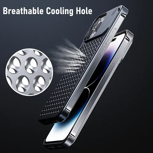 Vista 4 de Funda para teléfono compatible con iPhone 15 Pro Max de aleación de aluminio disipación de calor, transpirable, refrescante, hueca, sin bordes, Gris