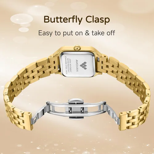 Vista 3 de Relojes dorados para mujer, pulsera pequeña, esfera de números arábigos, correa de acero inoxidable, caja rectangular de cuarzo para mujer, reloj