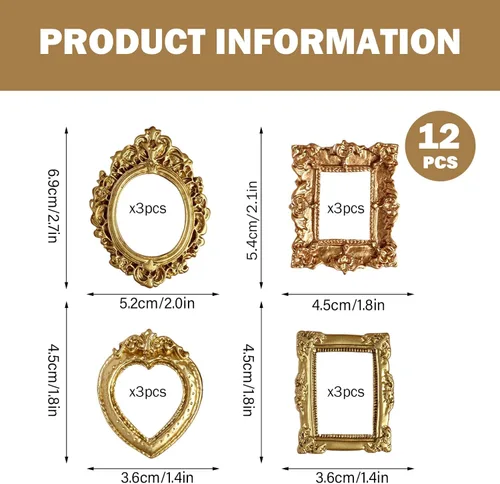 Vista 4 de 12Pcs Small Gold Frames, Baroque Antique Resin Mini Picture Frames DIY Photo Holiday Party Wedding Decoration for Christmas
