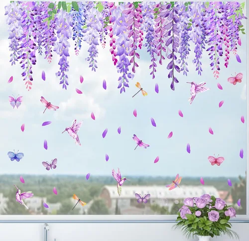 Vista 3 de Calcomanías de pared de flores moradas de acuarela, calcomanías de ventana