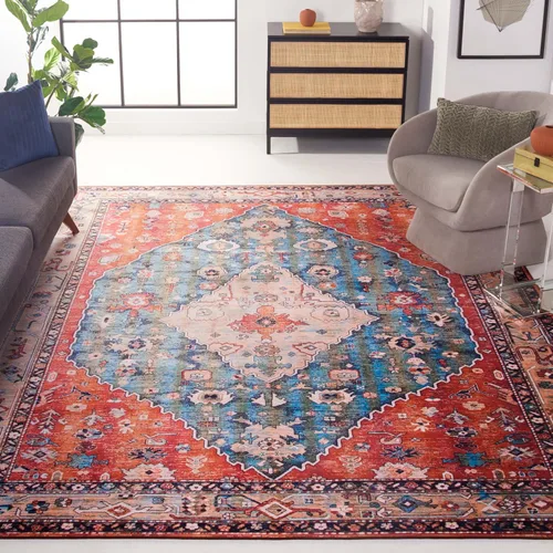 Vista 10 de SAFAVIEH Alfombra lavable Tucson Collection - 2 pies 6 pulgadas x 4 pies, beige y azul, antideslizante y fácil de limpiar, ideal para sala de estar