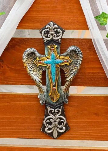 Vista 9 de Ebros Gift Rústico Southwest Fleur De Lis Silver Scroll Angel Wings Turquesa Piedra Cruz Decoración Placa de 14 pulgadas de alto Cristiano