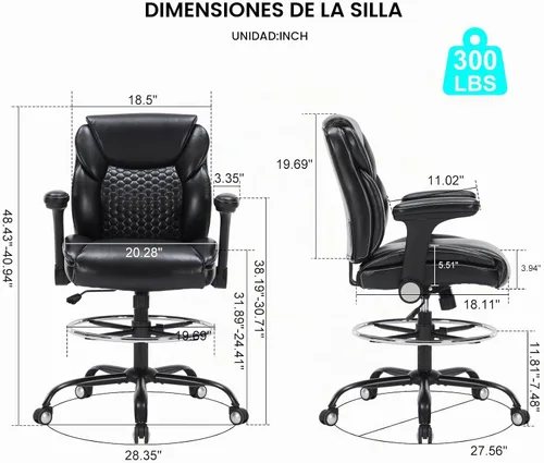 Vista 3 de Silla de dibujo, silla de oficina alta con reposabrazos ajustables, silla de escritorio de pie con anillo para reposapiés, silla de escritorio