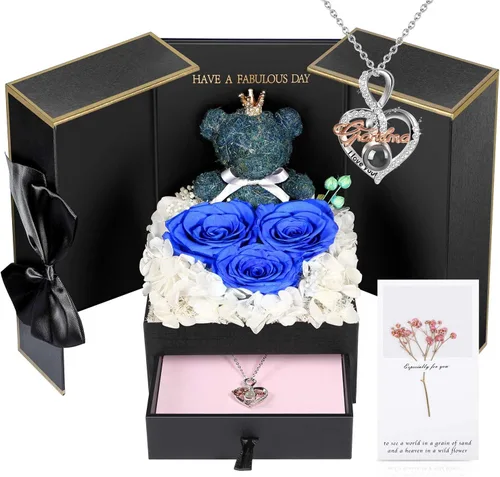 Vista 17 de AddWel Regalos de rosas para mujer, rosas azules reales preservadas con collar I Love You en 100 idiomas y lindo oso de musgo para novia, esposa