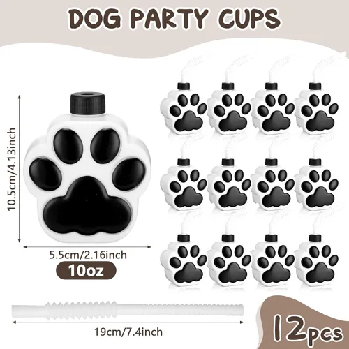 Vista 3 de Zubebe 12 tazas de patas de perro con pajitas y tapas a granel de plástico reutilizables de 10 onzas para perros, lindo estampado de patas