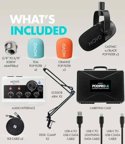 Vista 8 de Movo Paquete portátil de equipo de podcast para iPhone/teléfonos Android - Kit de podcast con interfaz de audio, 2 micrófonos dinámicos CastMic, 2