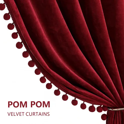 Vista 4 de Benedeco - Cortinas de terciopelo burdeos para ventana de dormitorio con pompón, cortinas de lujo súper suaves, oscurecimiento y aislamiento térmico