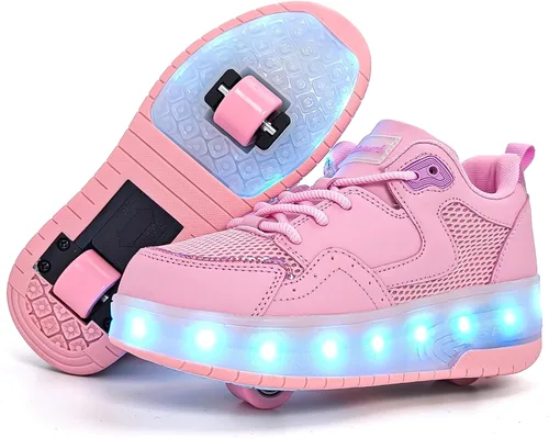 Vista 3 de Wooowyet - Tenis con ruedas y luces LED para niños y niñas, con ruedas, USB recargable, cierre de gancho y bucle