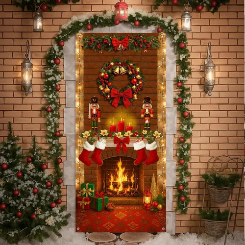 Vista 12 de Buryeah Decoración de puerta de Navidad, cubierta de puerta de chimenea de Navidad, pancarta de cascanueces de Navidad, telón de fondo, soporte