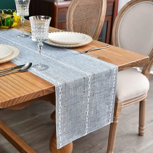 Vista 8 de Camino de mesa rústico de granja con rayas trenzadas, caminos de mesa bordados, decoraciones de mesa para cocina, sala de estar, comedor, días