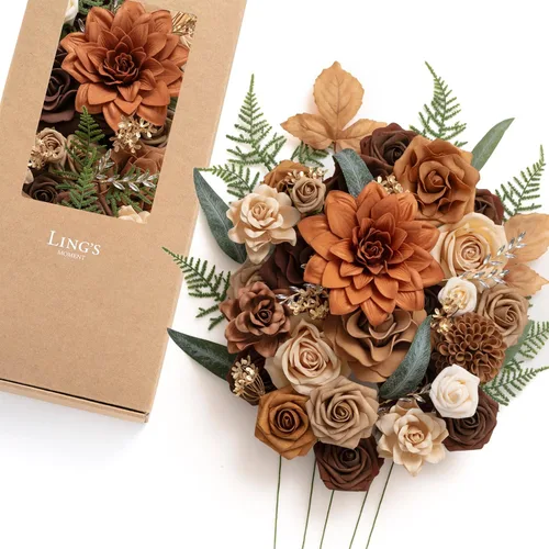 Vista 18 de Ling's moment Caja de Flores Falsas, Tallos de Vegetación Artificial Falsa Rosas de Espuma Dalia Hortensia de Seda Peonía Flor de Tela para Centros
