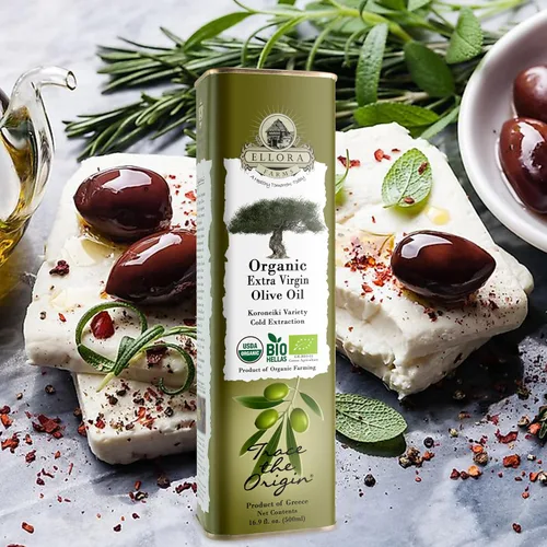 Vista 7 de Ellora Farms Aceite de oliva virgen extra orgánico USDA Primero prensado en frío sin filtrar rico en fenol Kosher lata de 17 onzas
