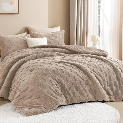 Vista 17 de Litanika - Juego de edredón esponjoso tamaño individual color beige, 3 piezas, ropa de cama de sherpa de felpa cálida para invierno, juego de cama