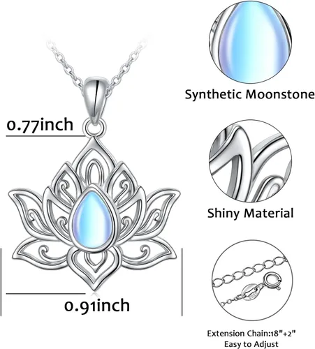 Vista 6 de FLYOW Collar de loto para mujer, plata de ley 925, piedra lunaturquesa, colgante de loto para niñas, aliviar la ansiedad y el estrés, regalos