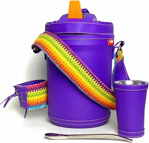 Vista 2 de Kit Yerba Mate Tereré Luk Termos, Artesanía Paraguaya Lila Faja Set Tereré Termo + Bombilla + Vaso guampa
