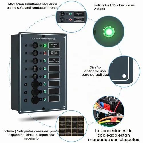 Vista 4 de Haoguo - Panel de interruptor de circuito de 6 posiciones AC con indicador LED de polaridad inversa roja, incluye cubierta trasera de aislamiento AC